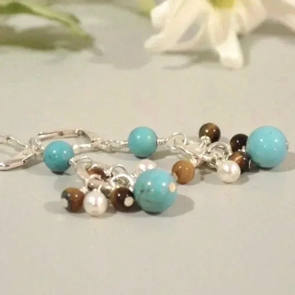Turquoise Earrings, Tiger Eye, Turquoise, Pearl, Wedding Jewelry,Western Wedding - Picture 3 of 3